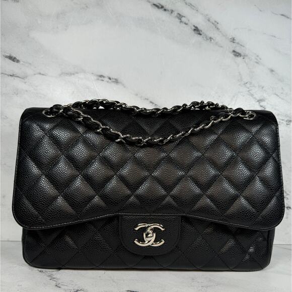 Chanel Caviar Jumbo Double Flap Bag Classic Quilted Leather Black CC Silver - Picture 2 of 16